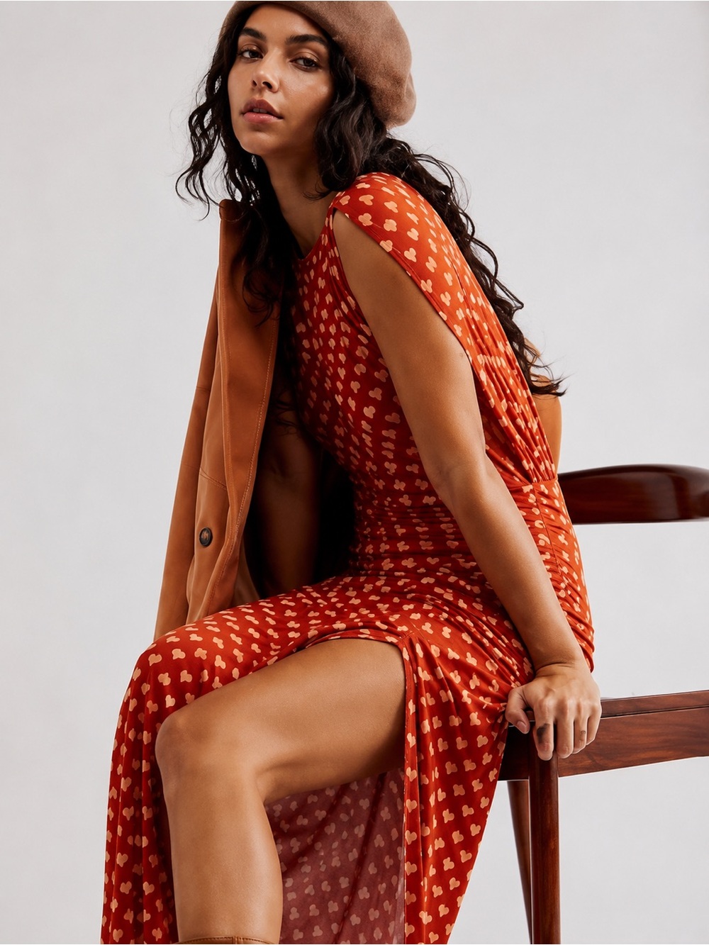 Free People Heartbreaker Midi Dress S Heart Print Open Back Ruched Side Slit
